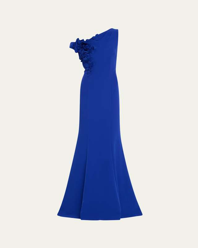 One-Shoulder Floral Applique Crepe Mermaid Gown
